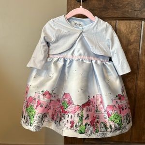 Pippa & Julie Blue Dress with Pink Scene • girls 24m